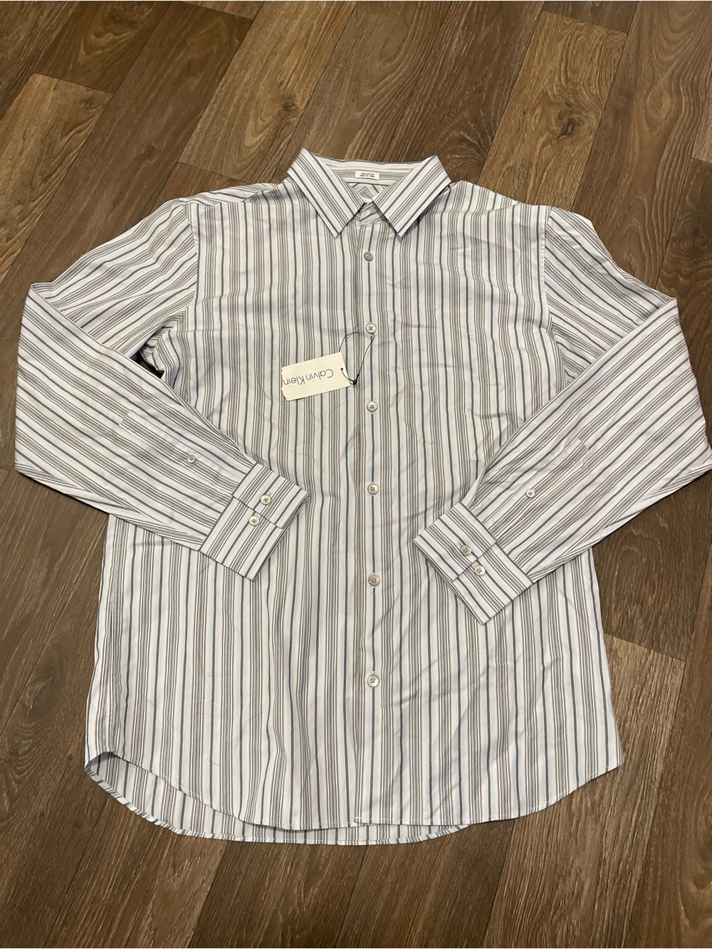 Calvin Klein Men's Light Blue Shirt with Gray and Black Stripes